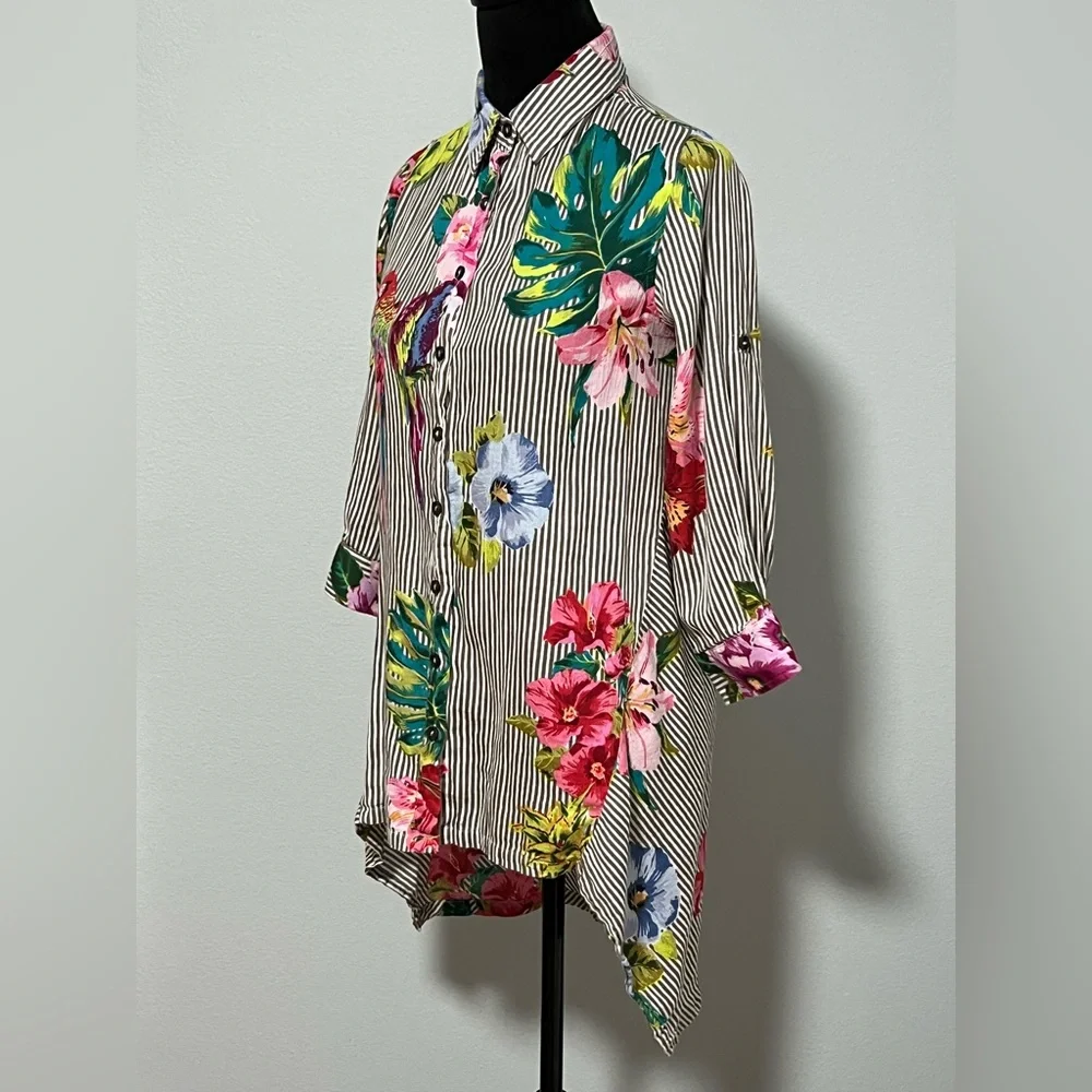 PARSLEY & SAGE 3/4 Sleeve Floral Print Striped High-Low Button Down Silky Top- S - Picture 3 of 6
